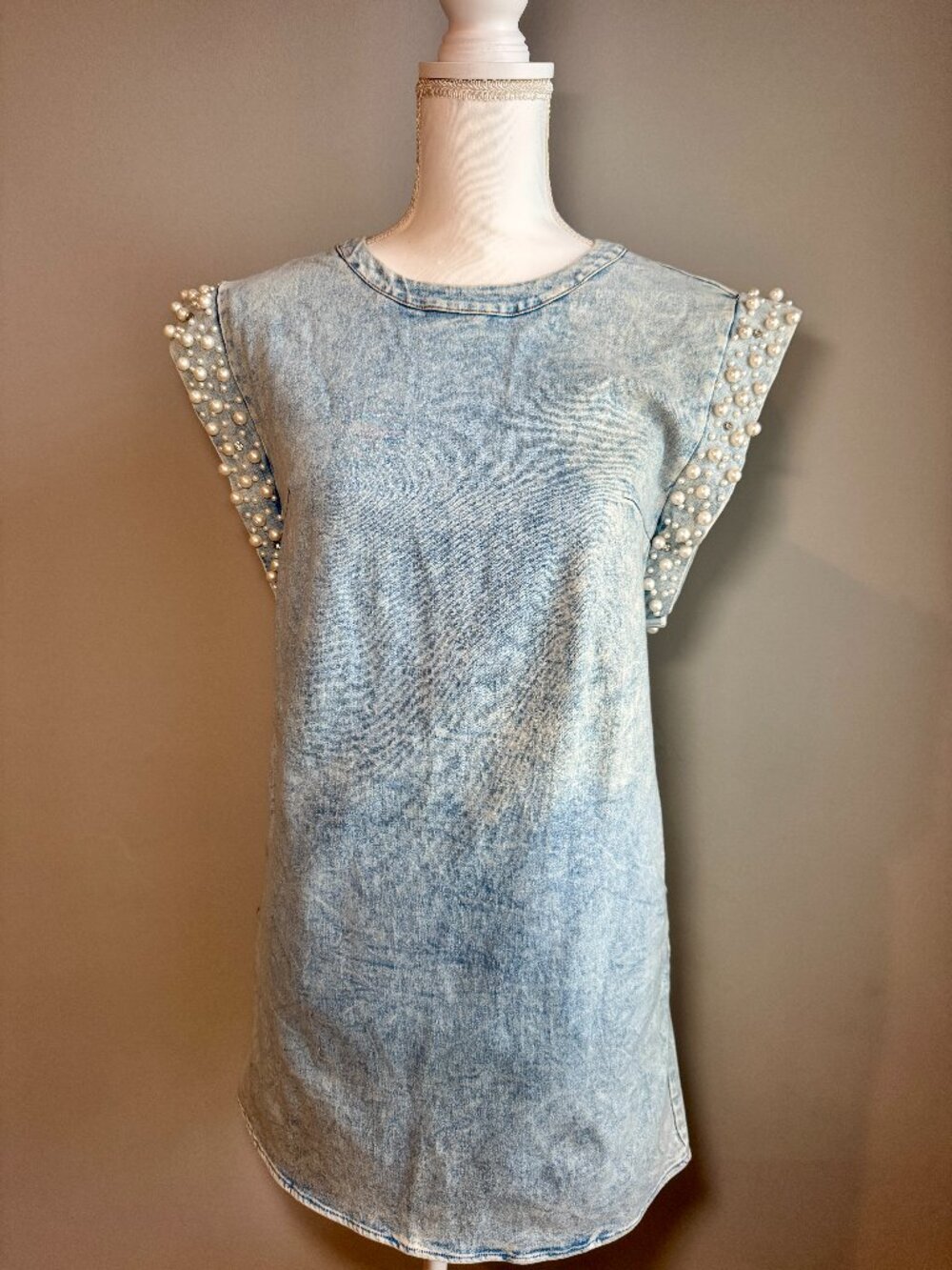 Denim Dress Embellished with Pearls and Rhinestones, Pastel Brand, NWT, Short